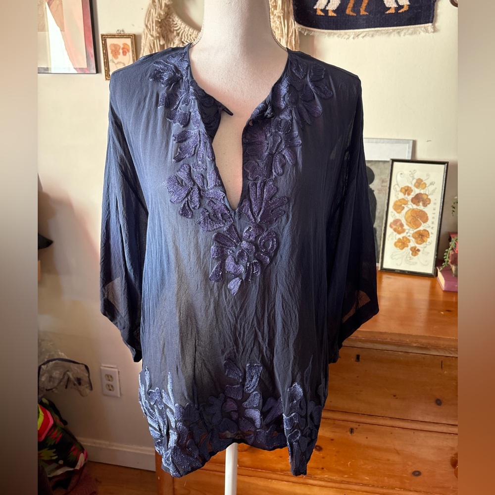 Navy blue silk embroidered top